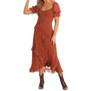 NEW ROCK & ROLL DENIM floral ruffled maxi dress in red